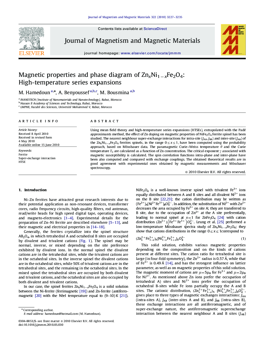 Magnetic properties and phase diagram of ZnxNi1âxFe2O4: High-temperature series expansions