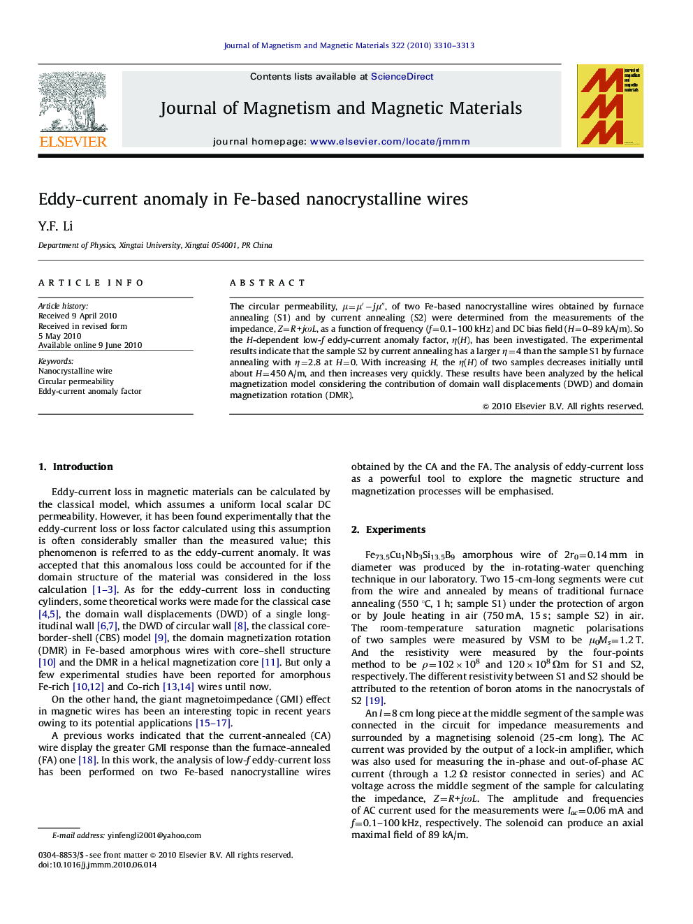 Eddy-current anomaly in Fe-based nanocrystalline wires