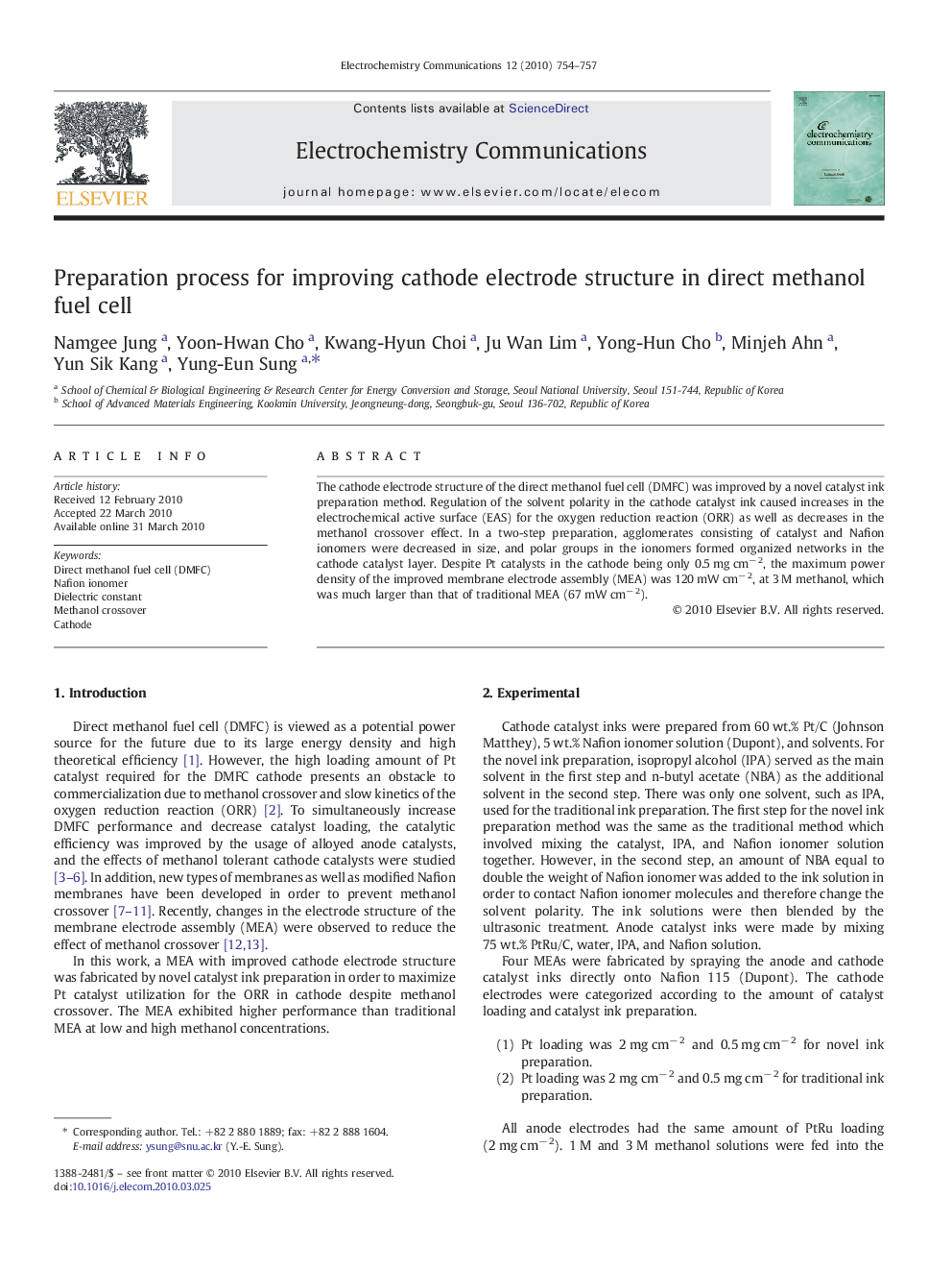 Preparation process for improving cathode electrode structure in direct methanol fuel cell