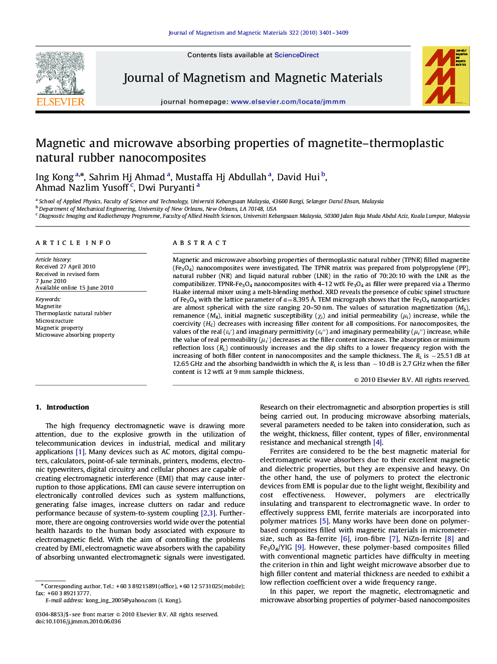 Magnetic and microwave absorbing properties of magnetite–thermoplastic natural rubber nanocomposites