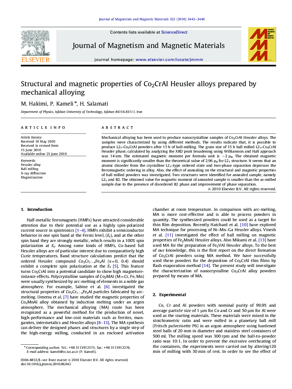 Structural and magnetic properties of Co2CrAl Heusler alloys prepared by mechanical alloying