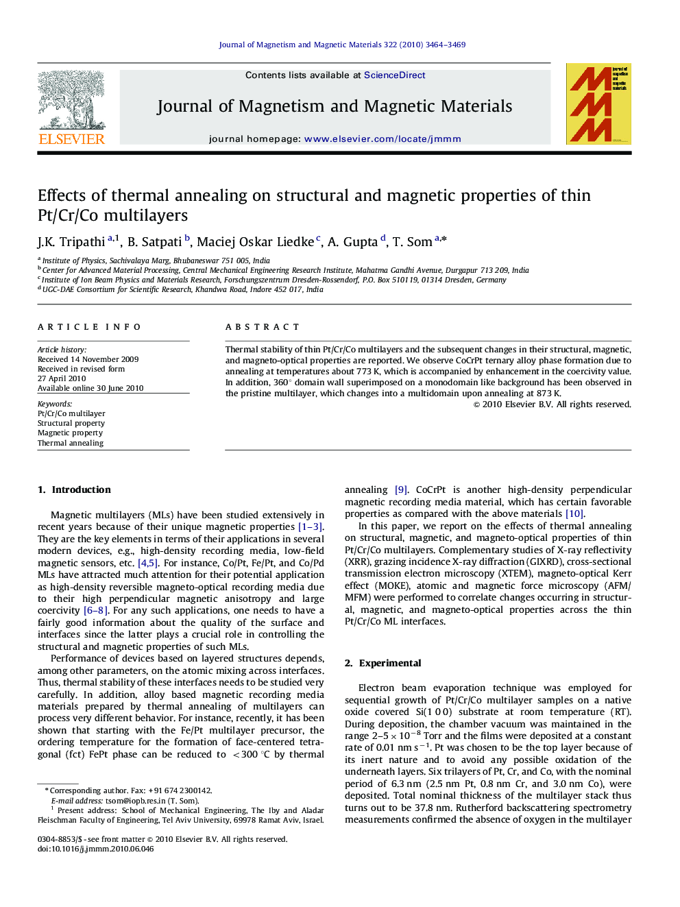 Effects of thermal annealing on structural and magnetic properties of thin Pt/Cr/Co multilayers