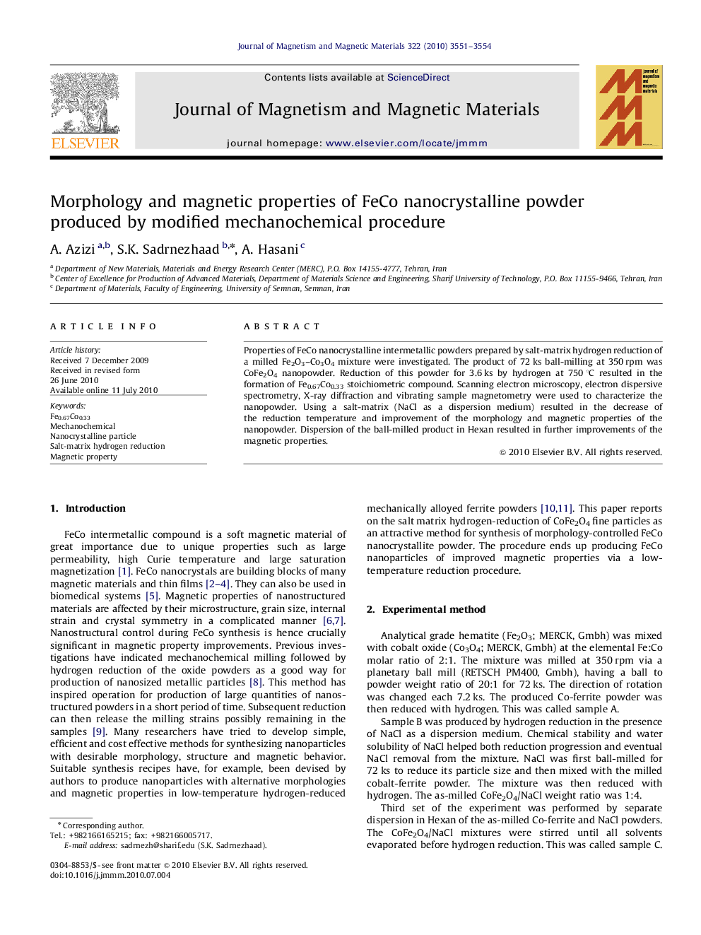 Morphology and magnetic properties of FeCo nanocrystalline powder produced by modified mechanochemical procedure