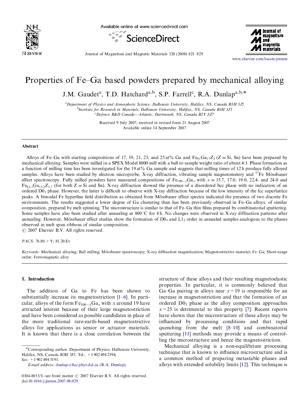 Properties of Fe–Ga based powders prepared by mechanical alloying