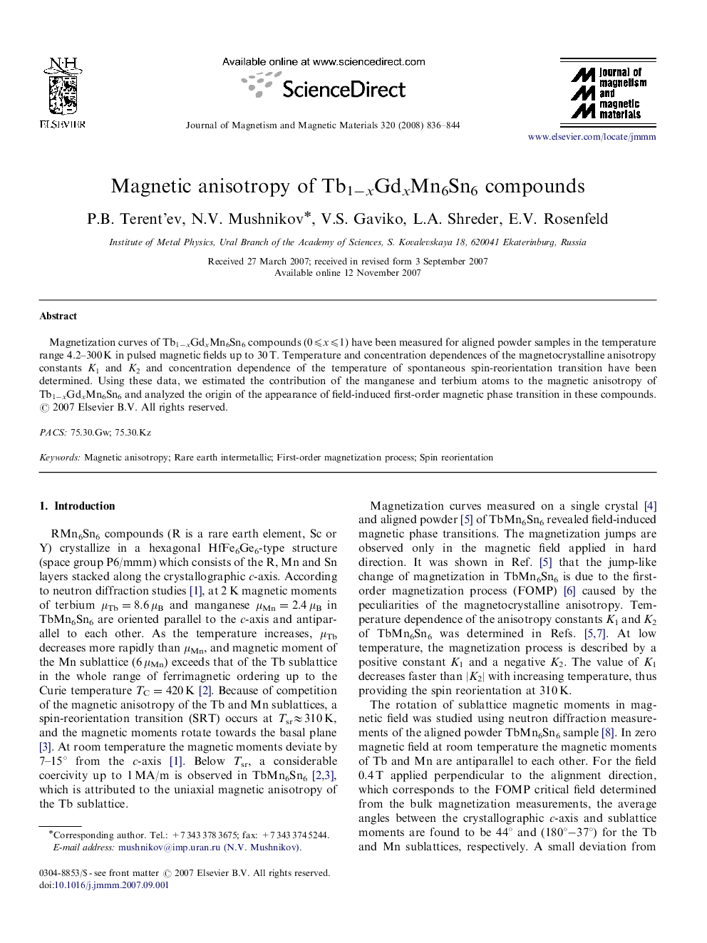 Magnetic anisotropy of Tb1−xGdxMn6Sn6 compounds