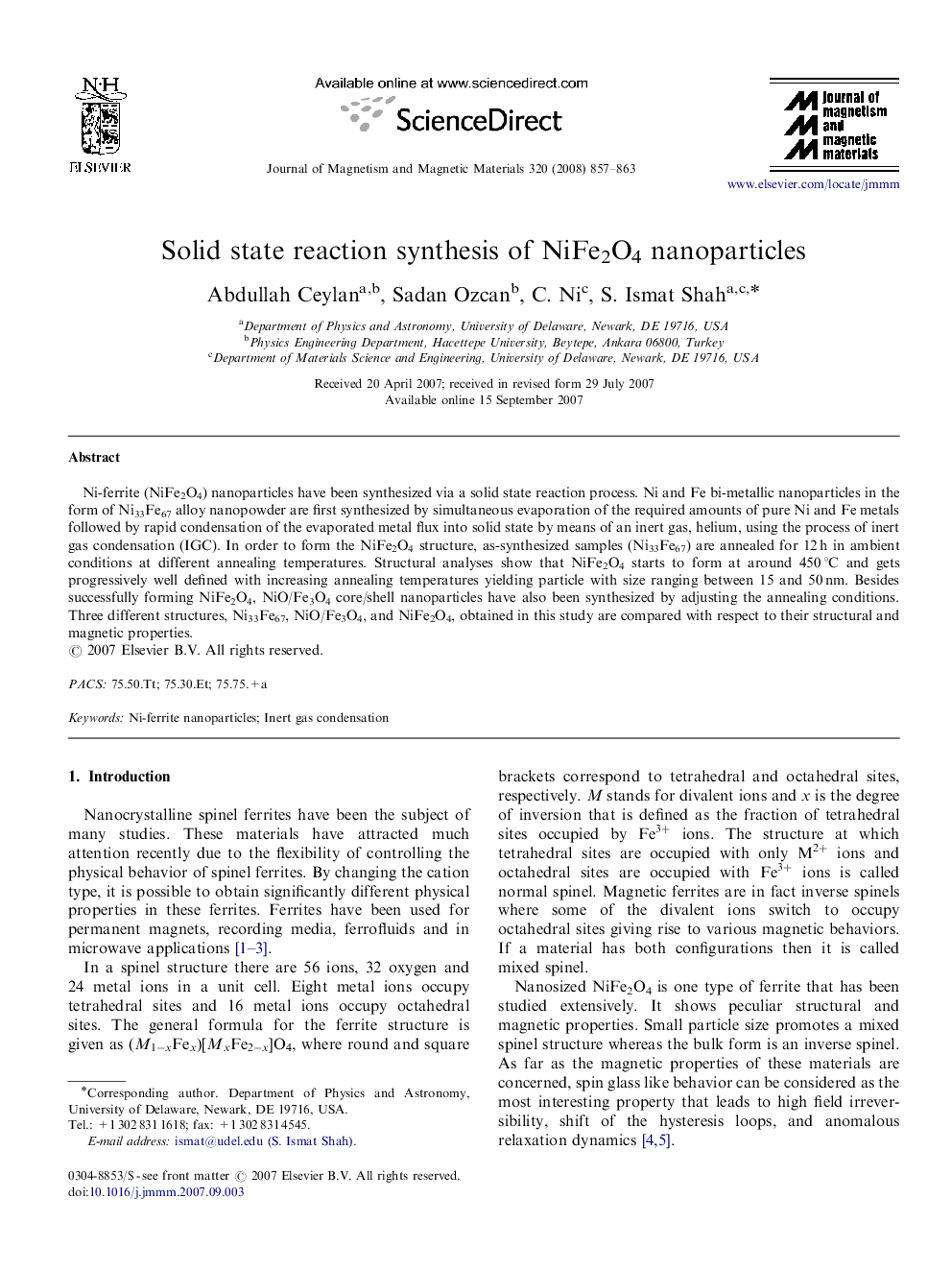 Solid state reaction synthesis of NiFe2O4 nanoparticles