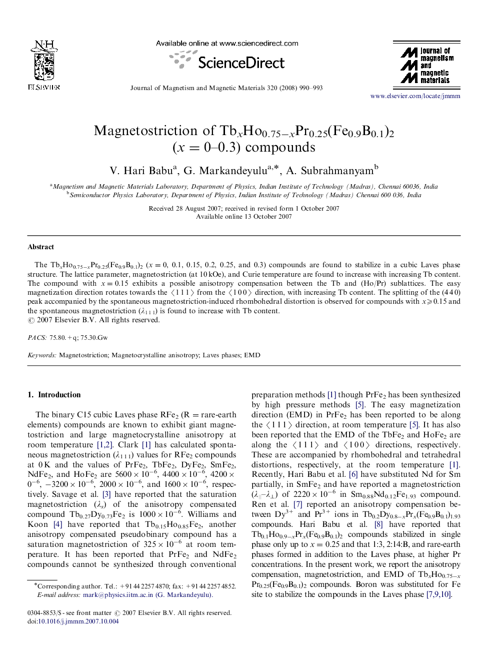 Magnetostriction of TbxHo0.75âxPr0.25(Fe0.9B0.1)2 (x=0-0.3) compounds