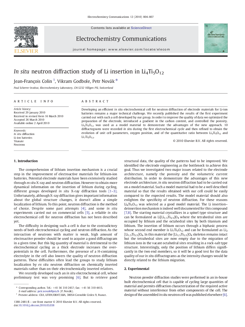 عکس صفحه اول مقاله: In situ neutron diffraction study of Li insertion in Li4Ti5O12 In situ neutron diffraction study of Li insertion in Li4Ti5O12