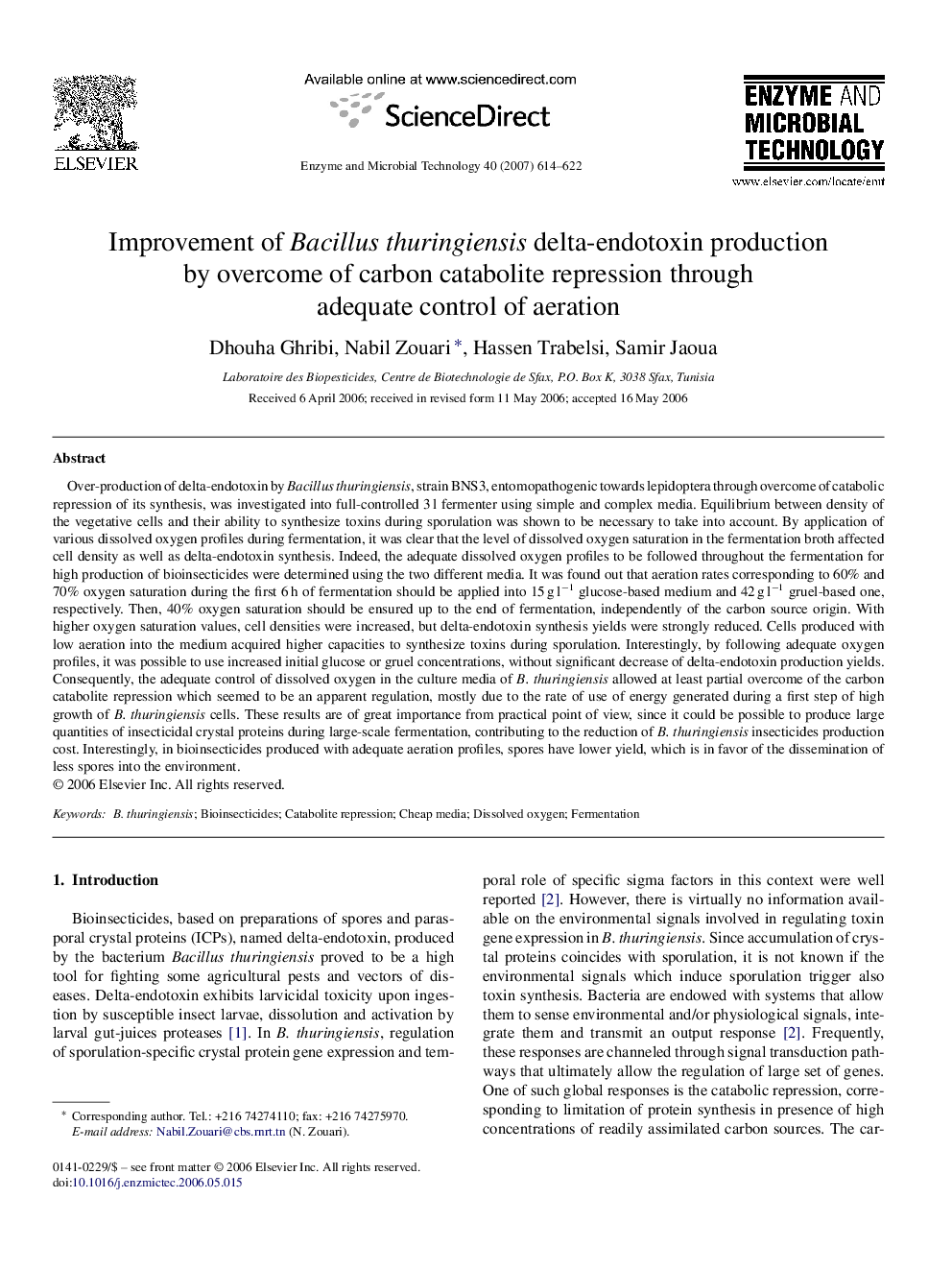 Improvement of Bacillus thuringiensis delta-endotoxin production by overcome of carbon catabolite repression through adequate control of aeration