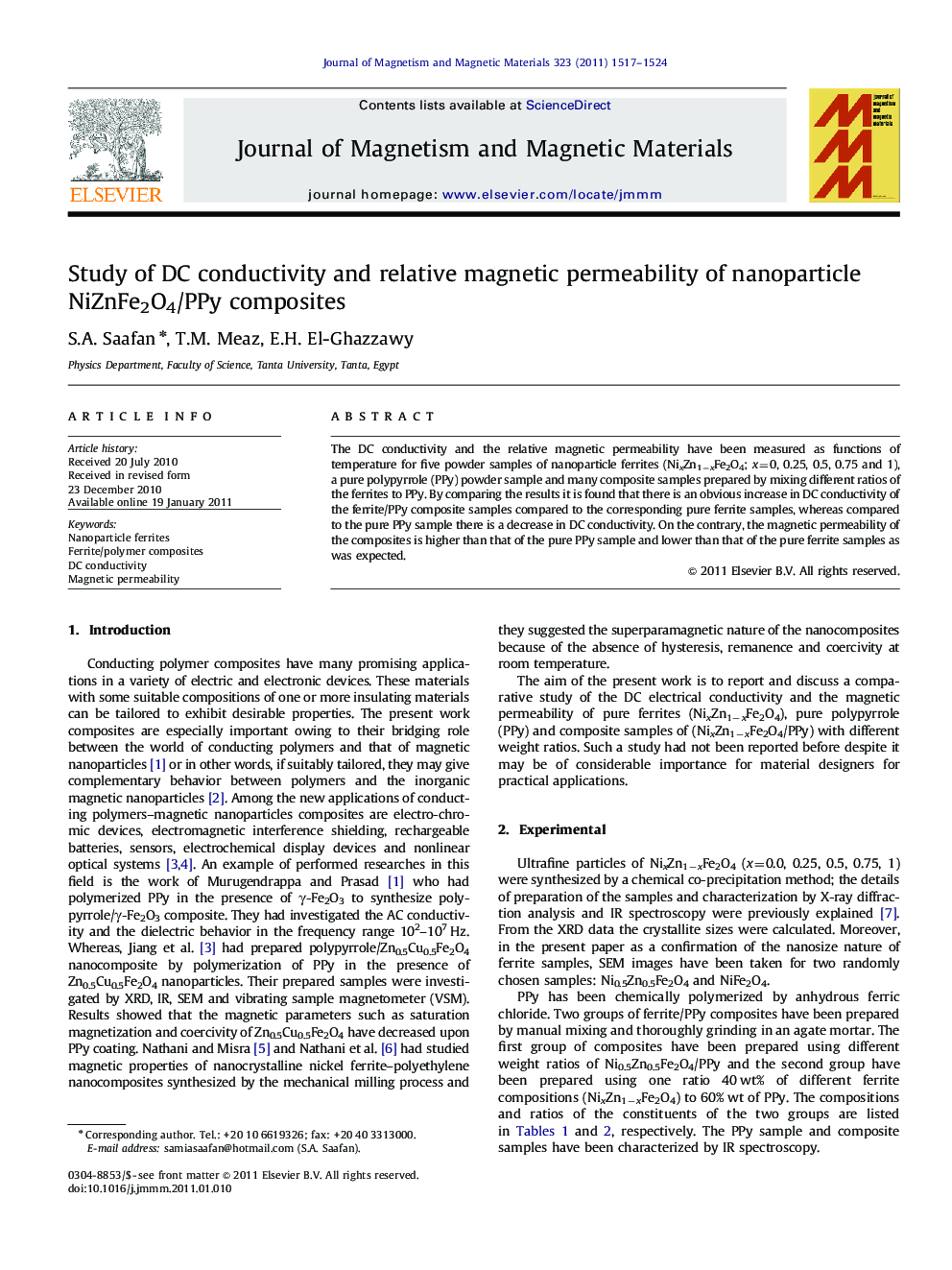 Study of DC conductivity and relative magnetic permeability of nanoparticle NiZnFe2O4/PPy composites