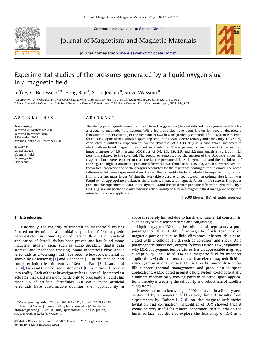 Experimental studies of the pressures generated by a liquid oxygen slug in a magnetic field