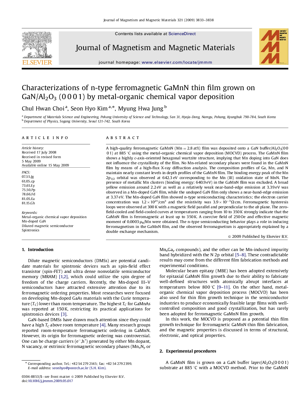 Characterizations of n-type ferromagnetic GaMnN thin film grown on GaN/Al2O3 (0 0 0 1) by metal-organic chemical vapor deposition