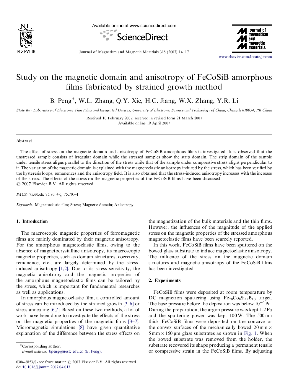 Study on the magnetic domain and anisotropy of FeCoSiB amorphous films fabricated by strained growth method