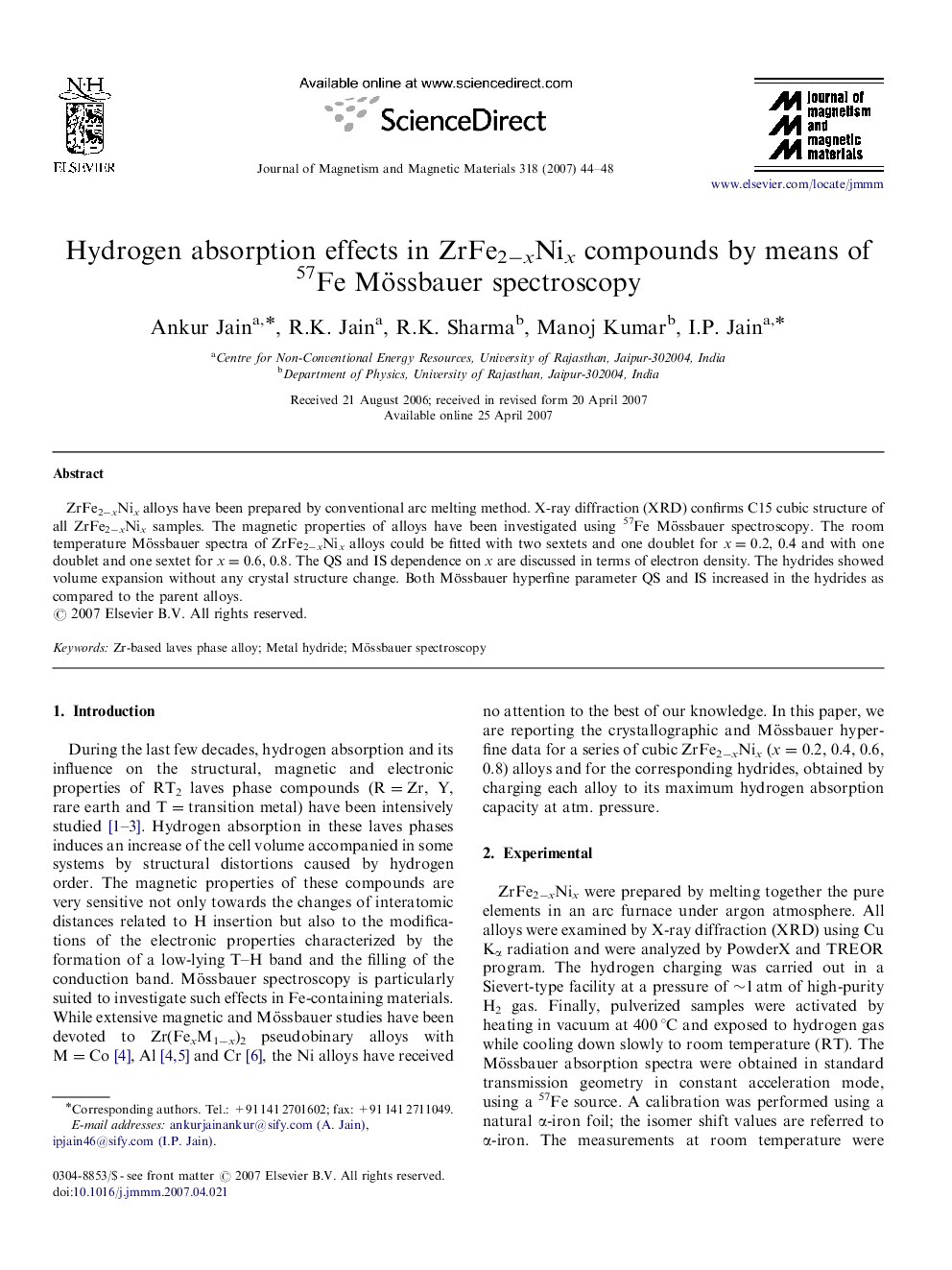 Hydrogen absorption effects in ZrFe2âxNix compounds by means of 57Fe Mössbauer spectroscopy