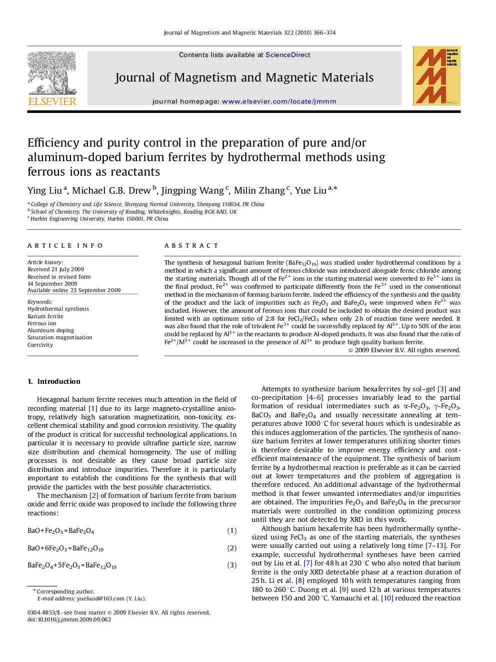 Efficiency and purity control in the preparation of pure and/or aluminum-doped barium ferrites by hydrothermal methods using ferrous ions as reactants