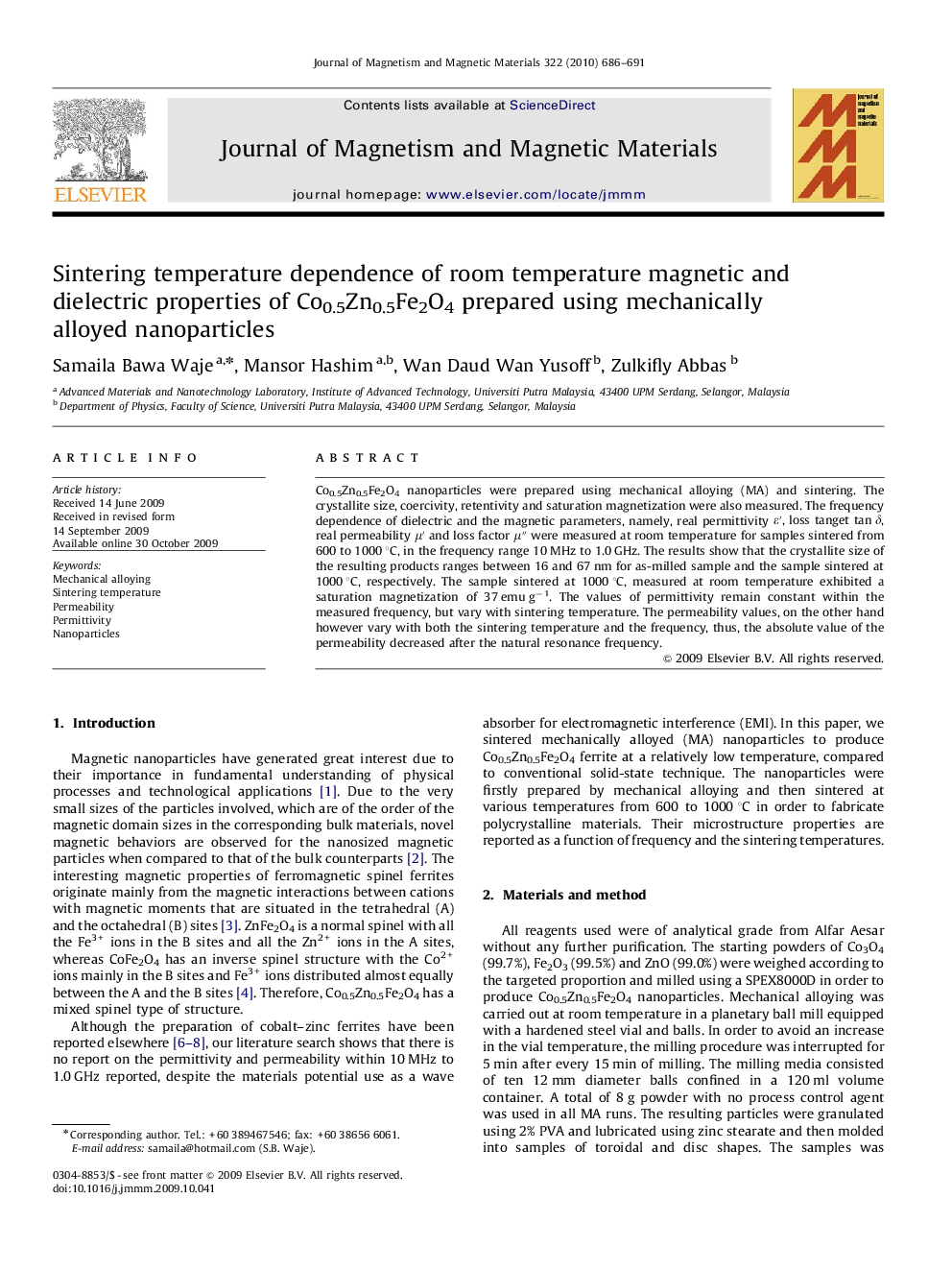 Sintering temperature dependence of room temperature magnetic and dielectric properties of Co0.5Zn0.5Fe2O4 prepared using mechanically alloyed nanoparticles