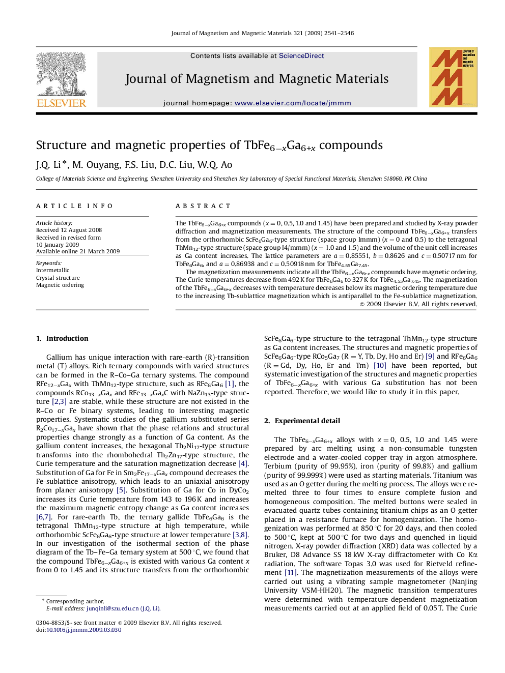 Structure and magnetic properties of TbFe6âxGa6+x compounds