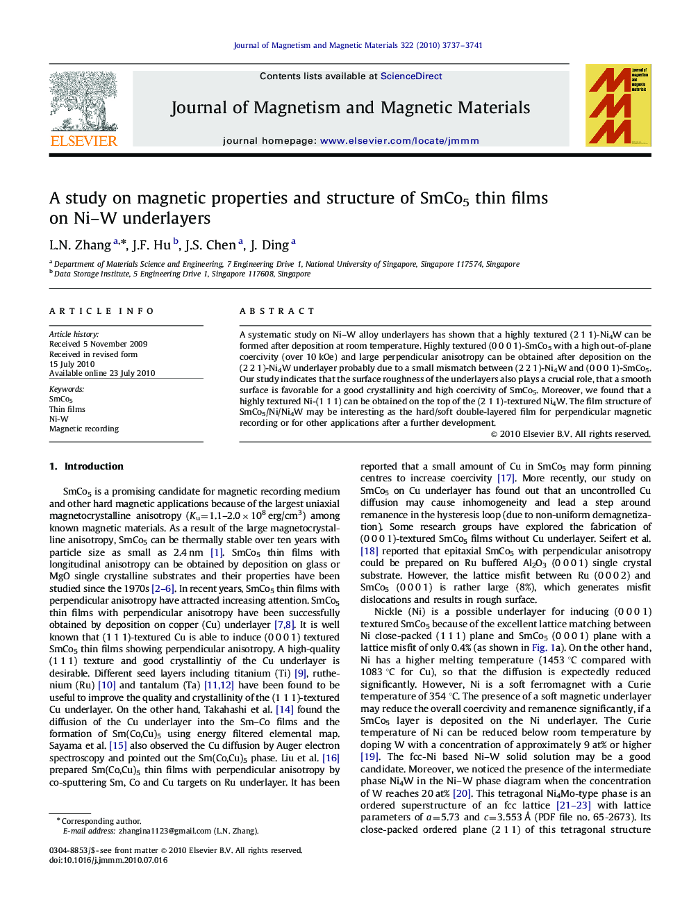 A study on magnetic properties and structure of SmCo5 thin films on Ni–W underlayers