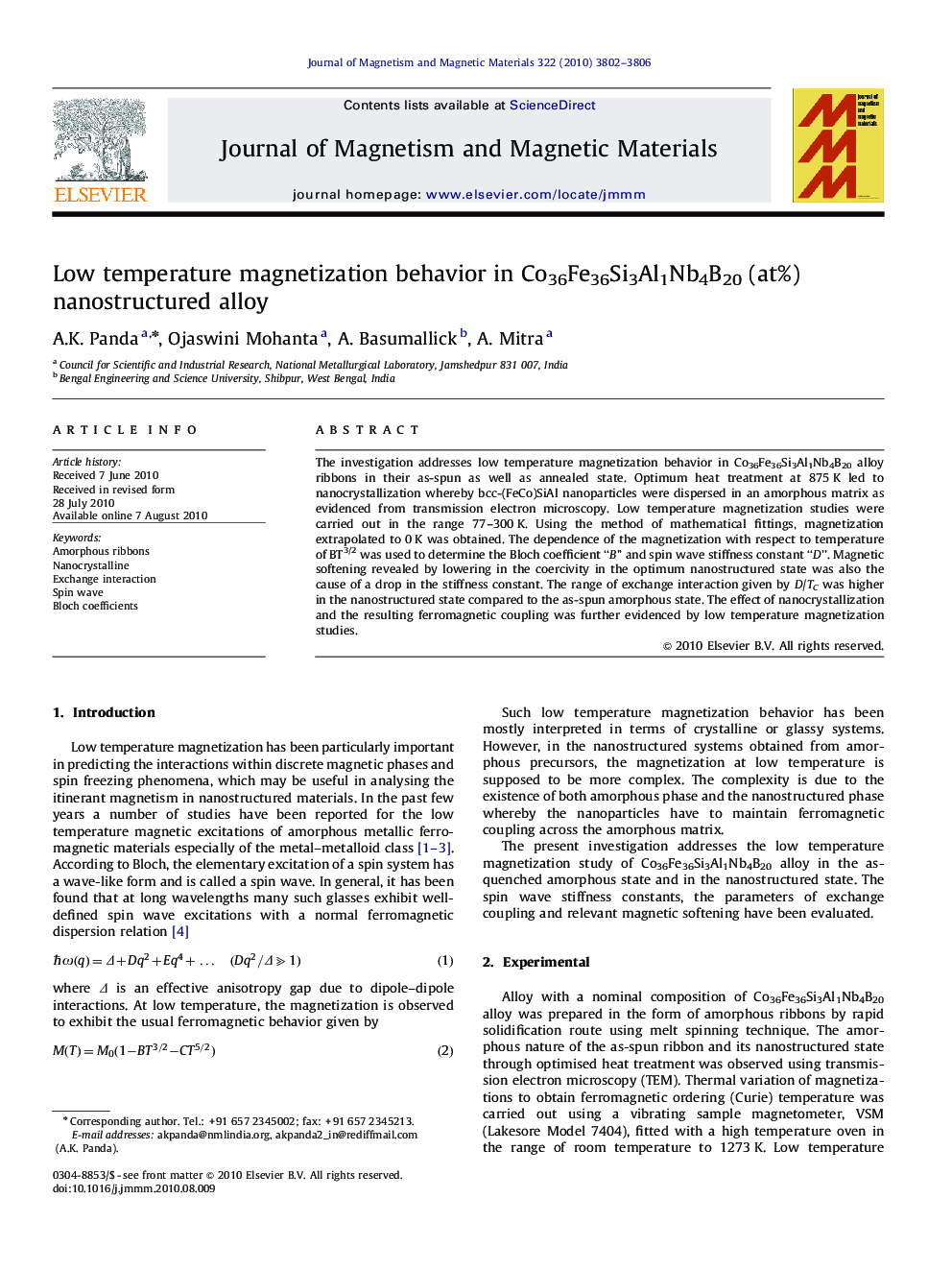 Low temperature magnetization behavior in Co36Fe36Si3Al1Nb4B20 (at%) nanostructured alloy