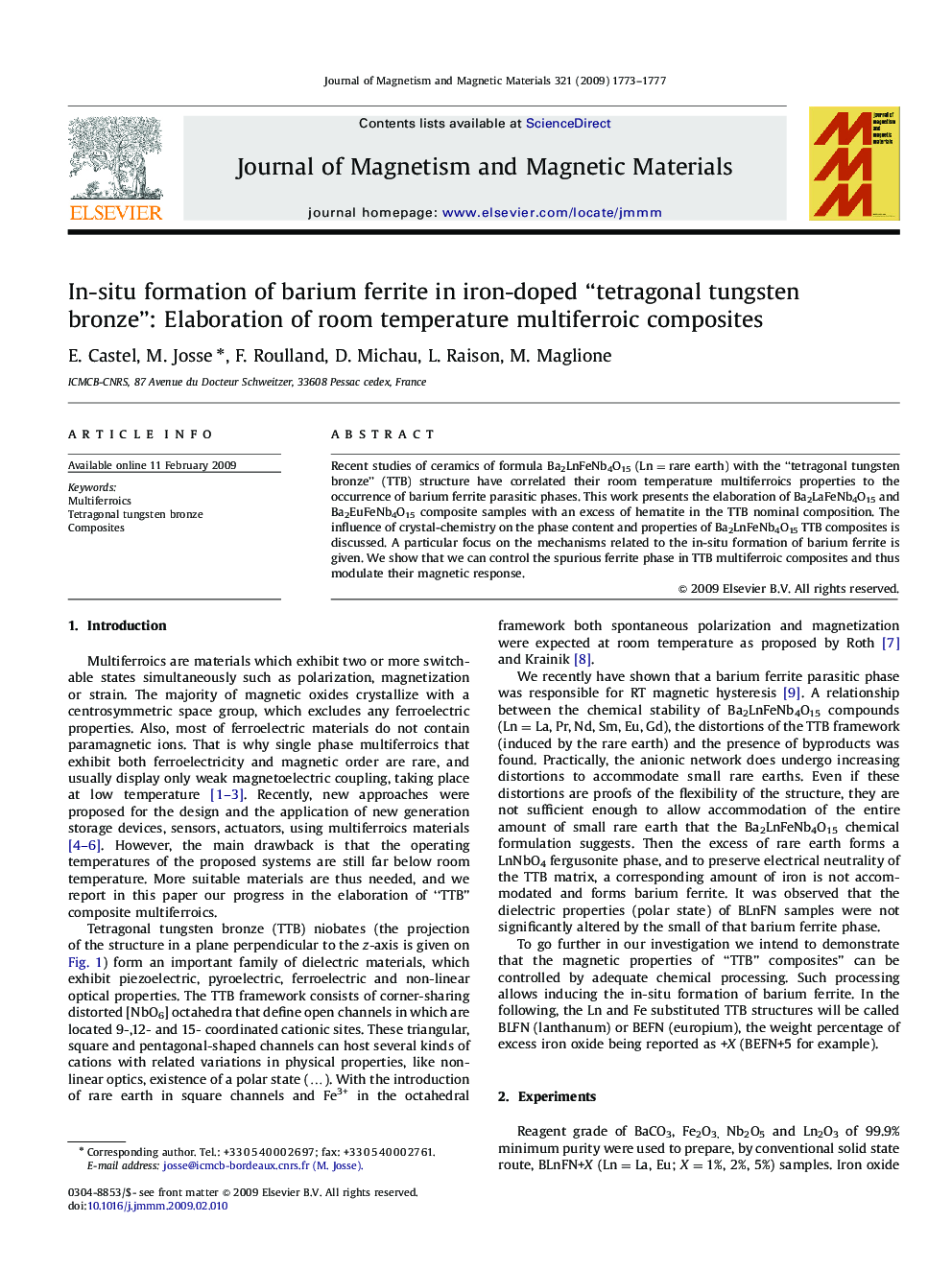 In-situ formation of barium ferrite in iron-doped “tetragonal tungsten bronze”: Elaboration of room temperature multiferroic composites