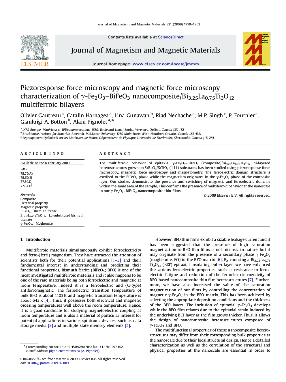 Piezoresponse force microscopy and magnetic force microscopy characterization of γ-Fe2O3–BiFeO3 nanocomposite/Bi3.25La0.75Ti3O12 multiferroic bilayers