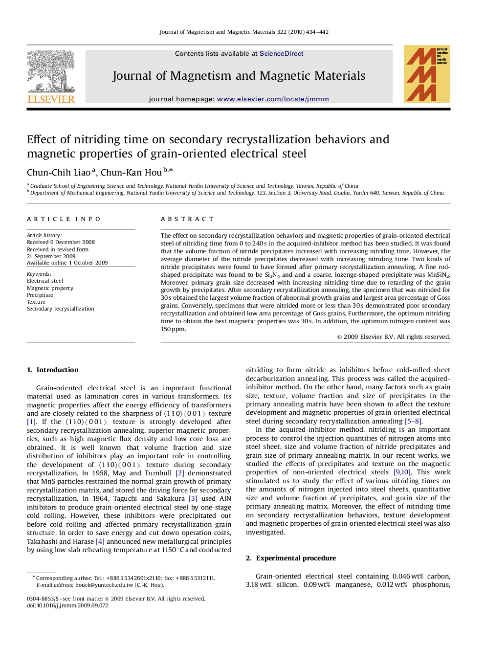 Effect of nitriding time on secondary recrystallization behaviors and magnetic properties of grain-oriented electrical steel