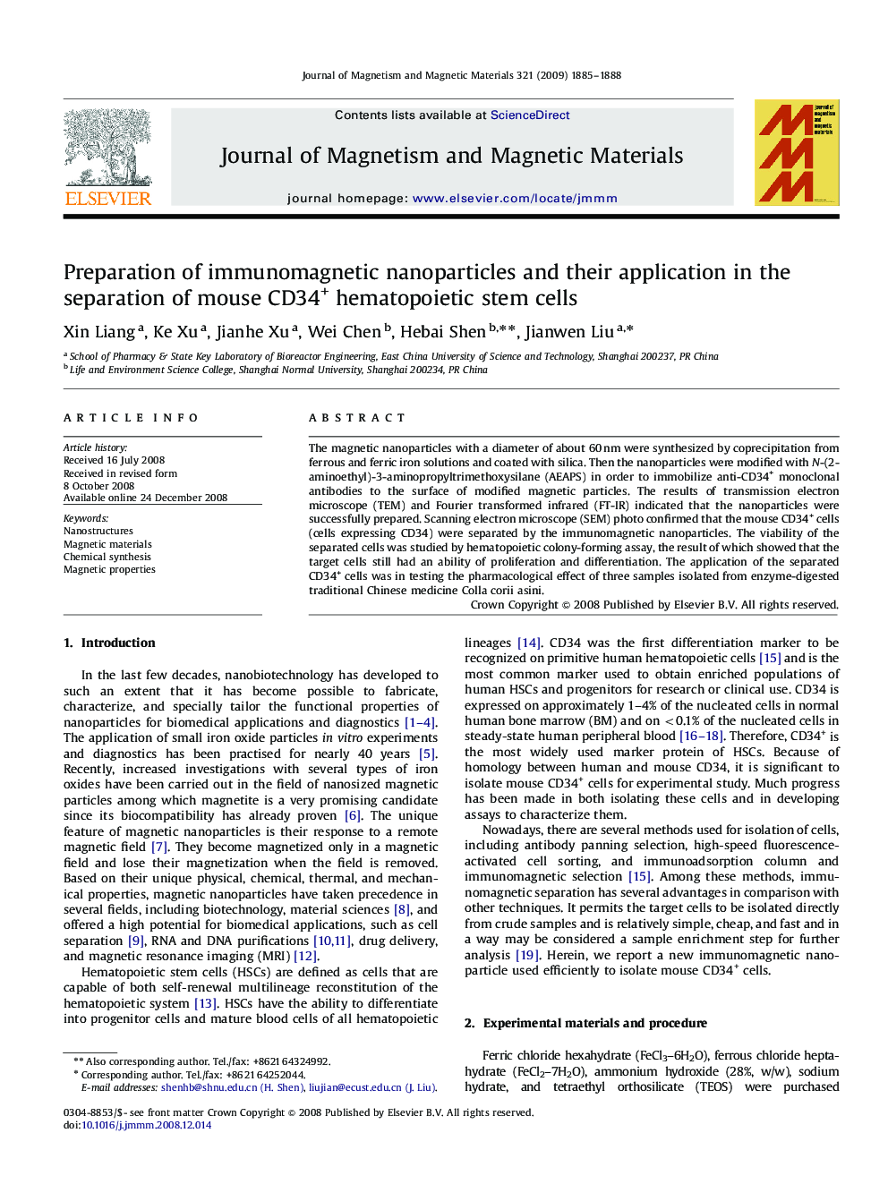 Preparation of immunomagnetic nanoparticles and their application in the separation of mouse CD34+ hematopoietic stem cells