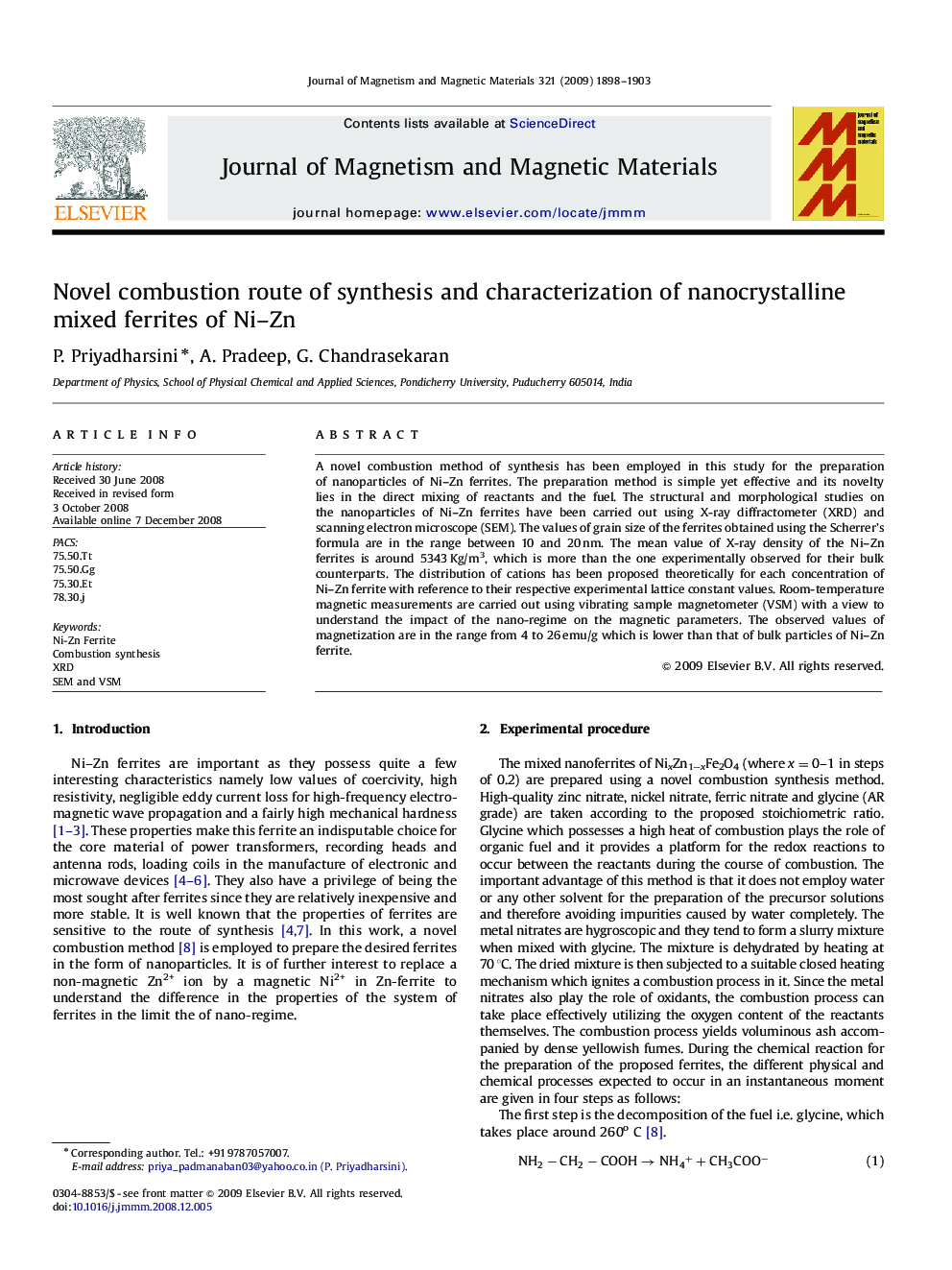 Novel combustion route of synthesis and characterization of nanocrystalline mixed ferrites of Ni–Zn