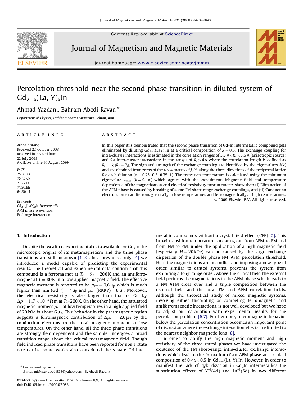 Percolation threshold near the second phase transition in diluted system of Gd2−x(La, Y)xIn