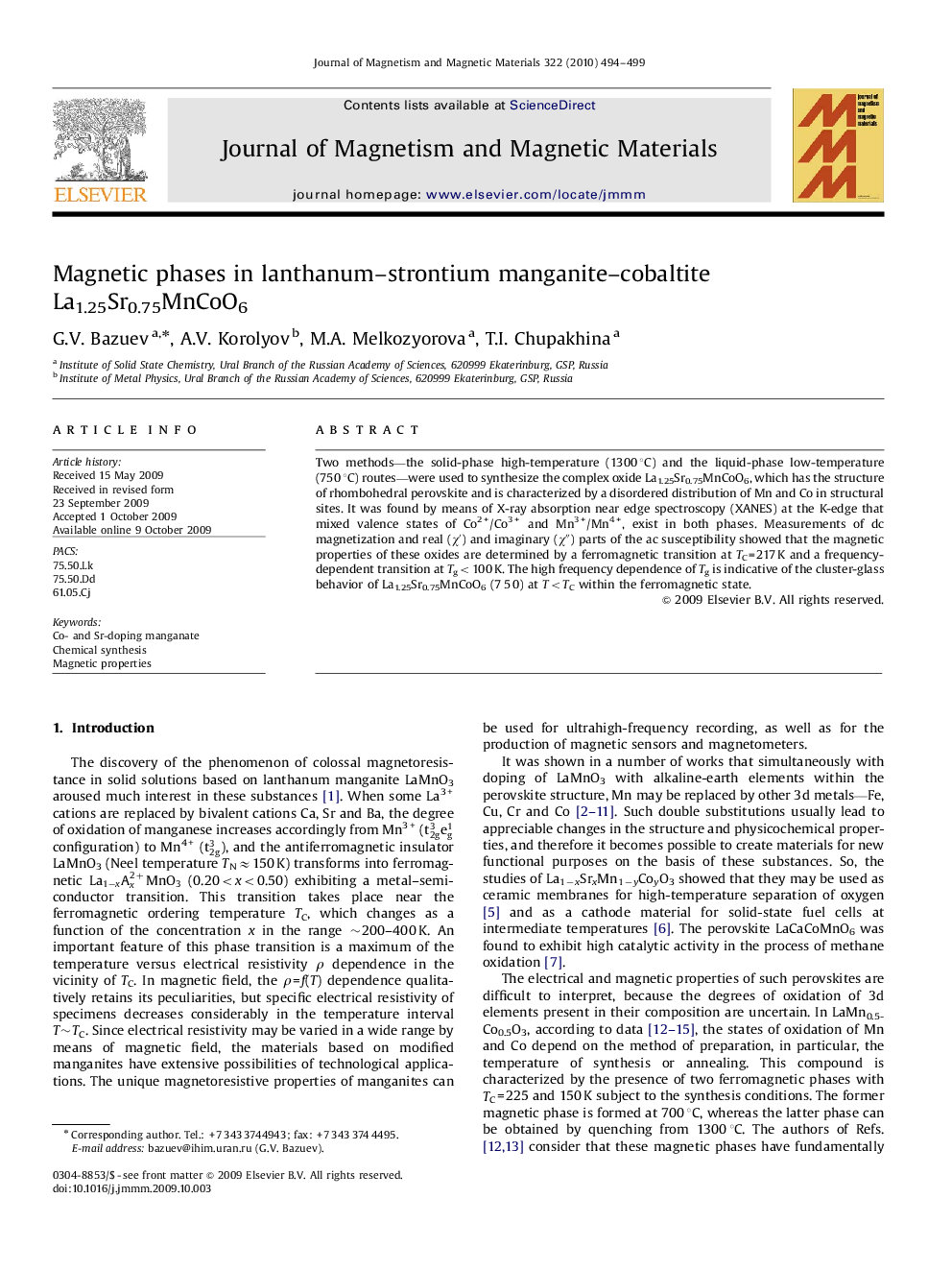 Magnetic phases in lanthanum–strontium manganite–cobaltite La1.25Sr0.75MnCoO6