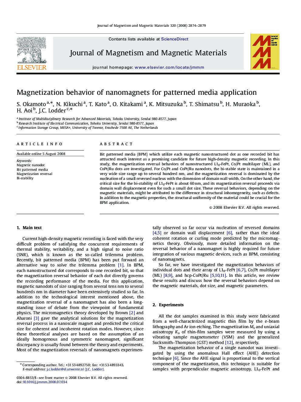 Magnetization behavior of nanomagnets for patterned media application