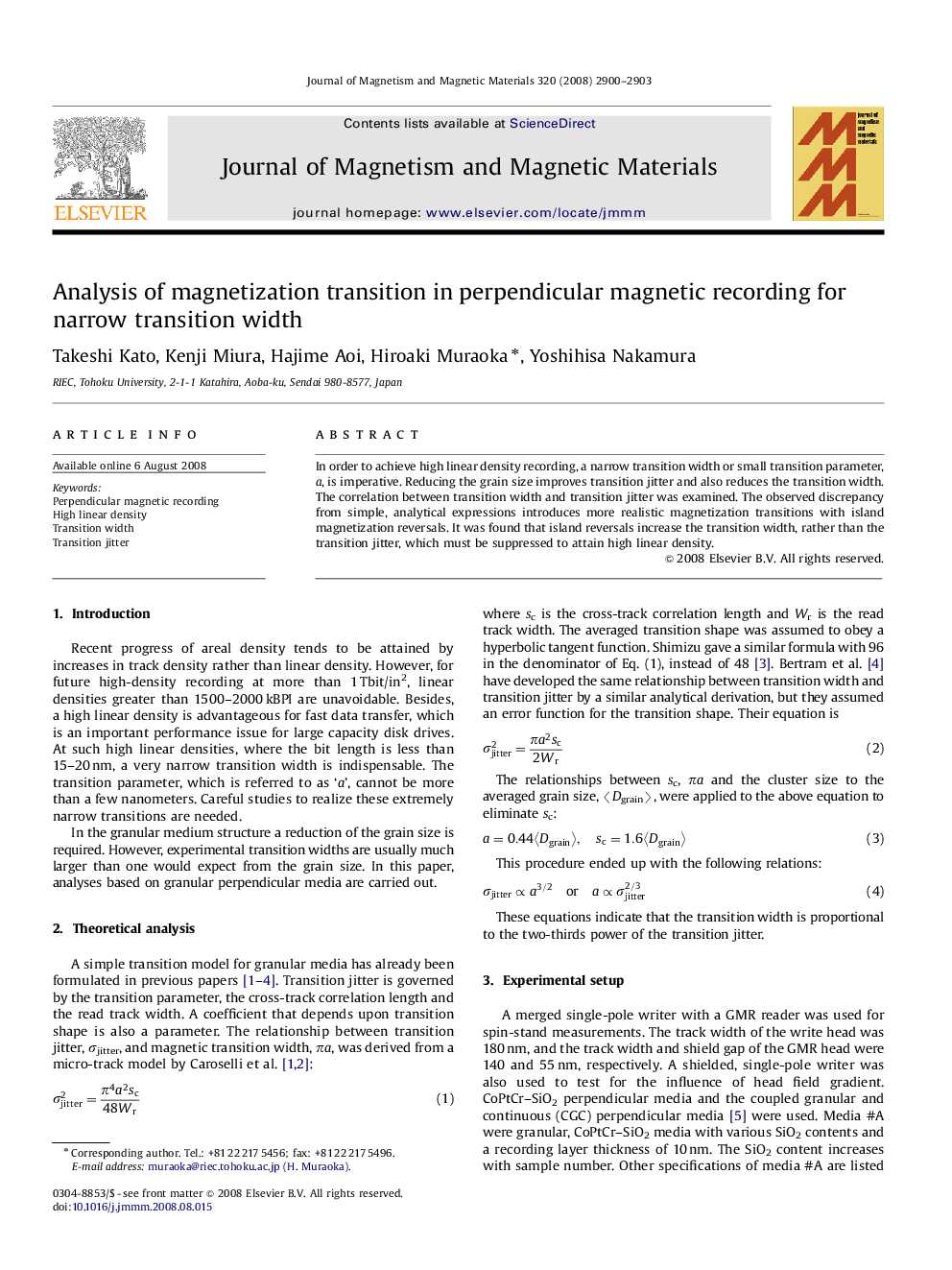 Analysis of magnetization transition in perpendicular magnetic recording for narrow transition width