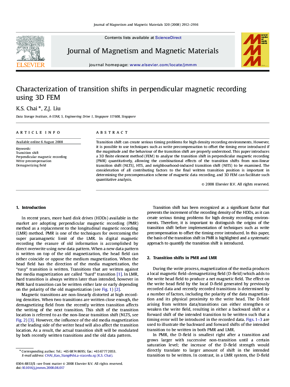 Characterization of transition shifts in perpendicular magnetic recording using 3D FEM