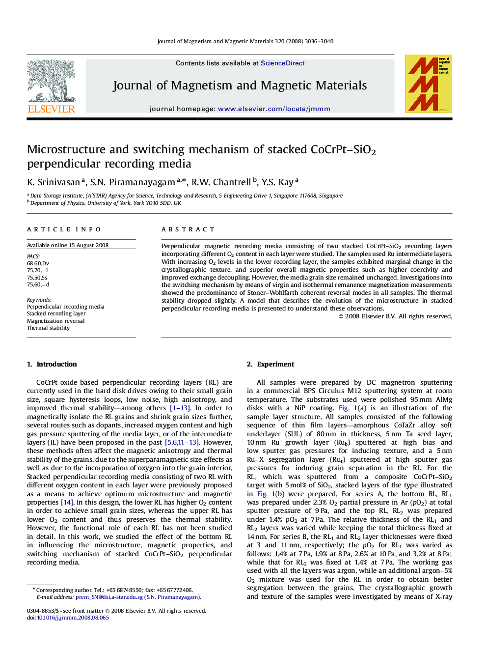 Microstructure and switching mechanism of stacked CoCrPt–SiO2 perpendicular recording media