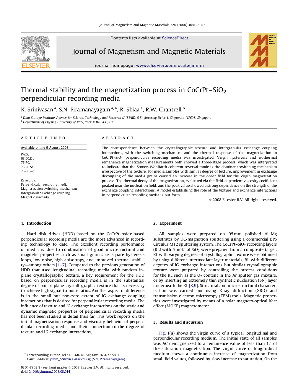 Thermal stability and the magnetization process in CoCrPt-SiO2 perpendicular recording media