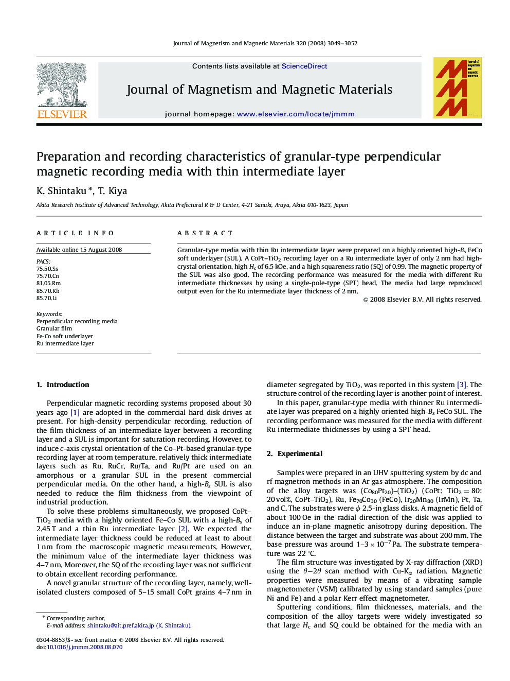 Preparation and recording characteristics of granular-type perpendicular magnetic recording media with thin intermediate layer