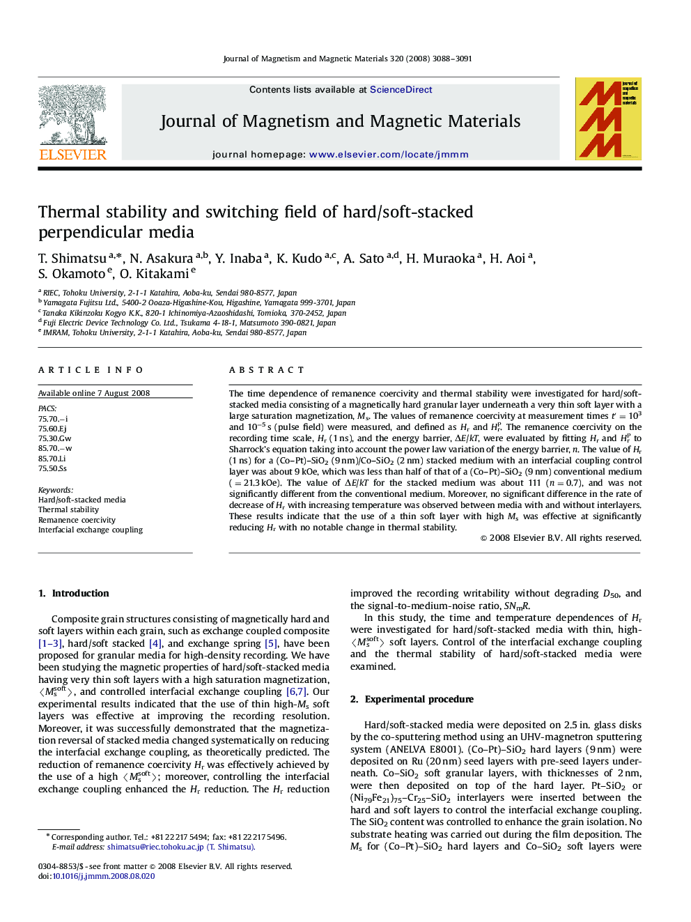 Thermal stability and switching field of hard/soft-stacked perpendicular media