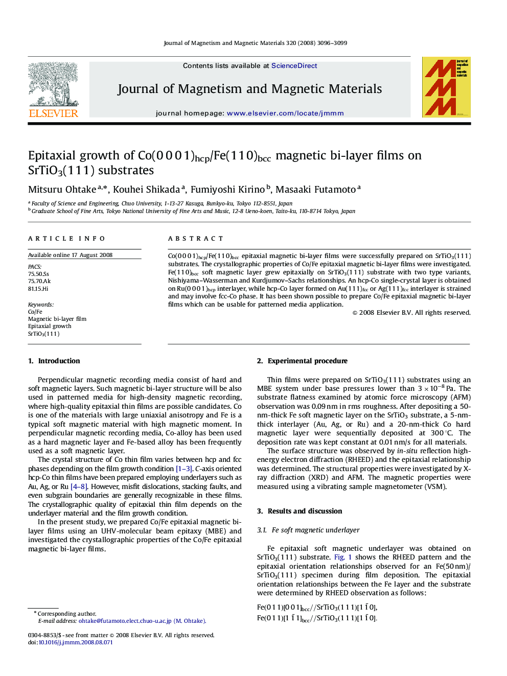 Epitaxial growth of Co(0 0 0 1)hcp/Fe(1 1 0)bcc magnetic bi-layer films on SrTiO3(1 1 1) substrates