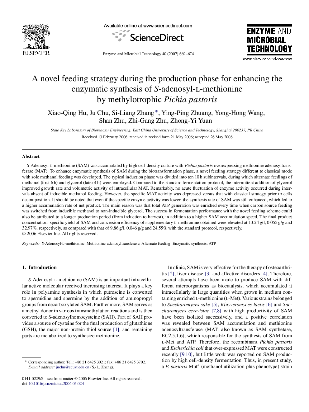 A novel feeding strategy during the production phase for enhancing the enzymatic synthesis of S-adenosyl-l-methionine by methylotrophic Pichia pastoris