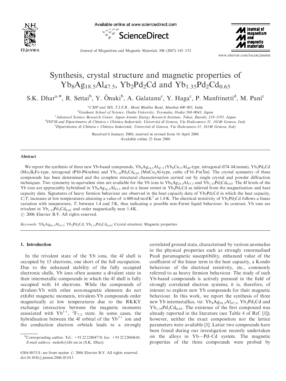 Synthesis, crystal structure and magnetic properties of Yb8Ag18.5Al47.5, Yb2Pd2Cd and Yb1.35Pd2Cd0.65