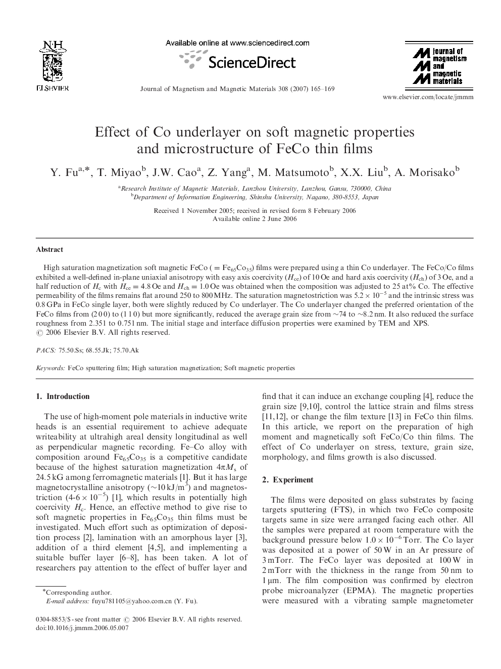 Effect of Co underlayer on soft magnetic properties and microstructure of FeCo thin films