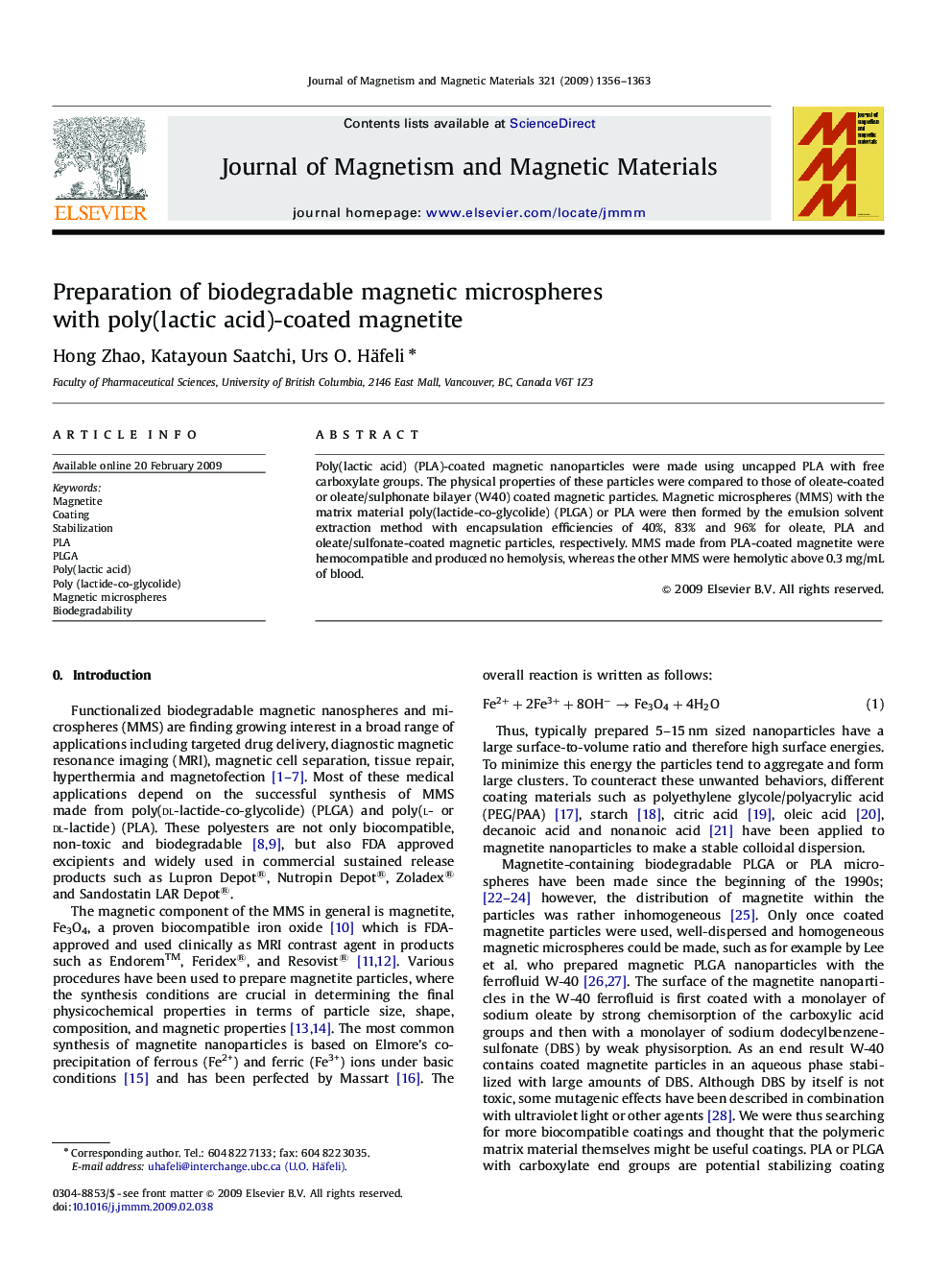 Preparation of biodegradable magnetic microspheres with poly(lactic acid)-coated magnetite