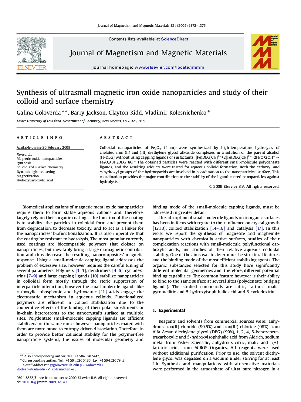 Synthesis of ultrasmall magnetic iron oxide nanoparticles and study of their colloid and surface chemistry