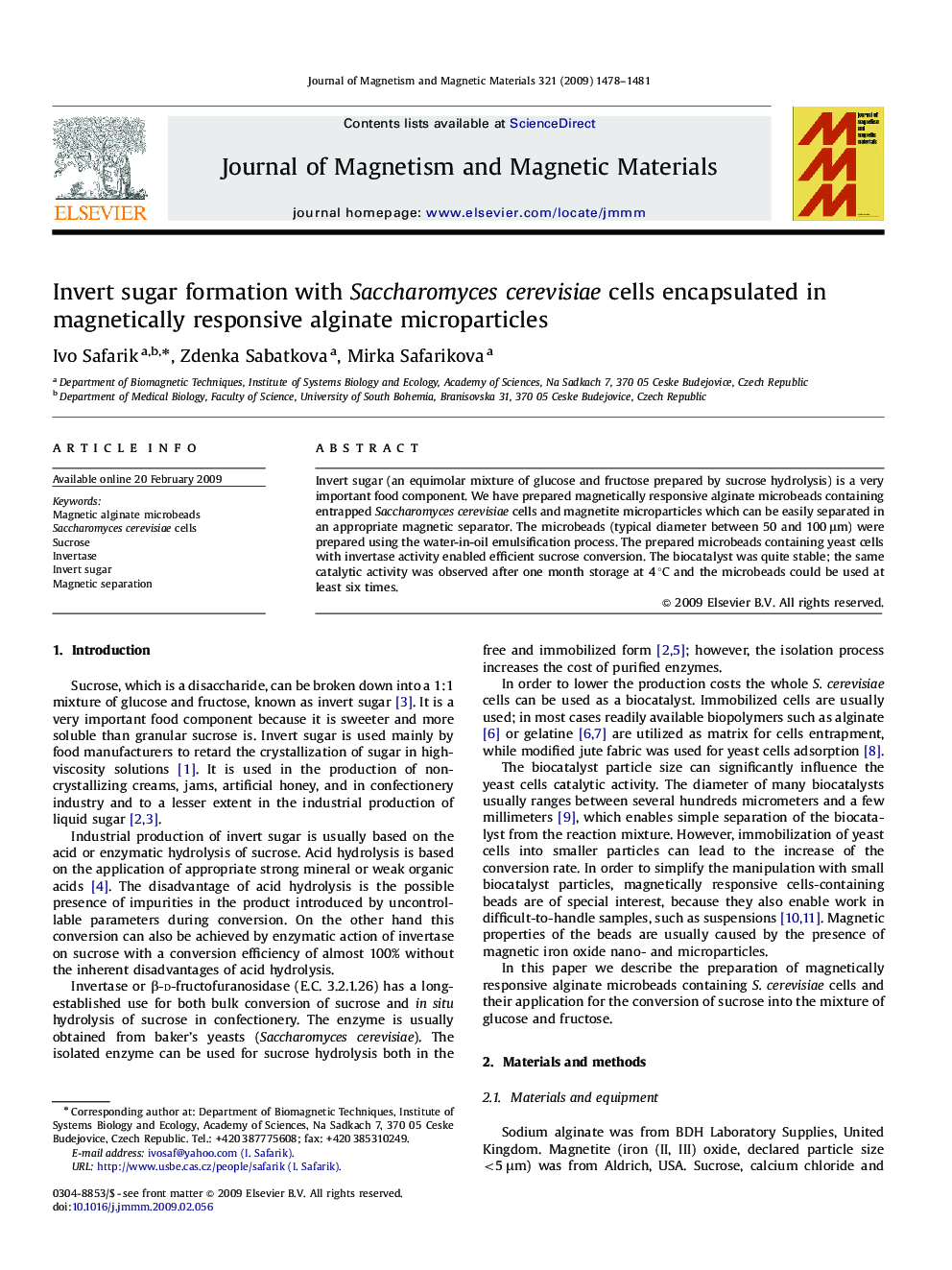 Invert sugar formation with Saccharomyces cerevisiae cells encapsulated in magnetically responsive alginate microparticles