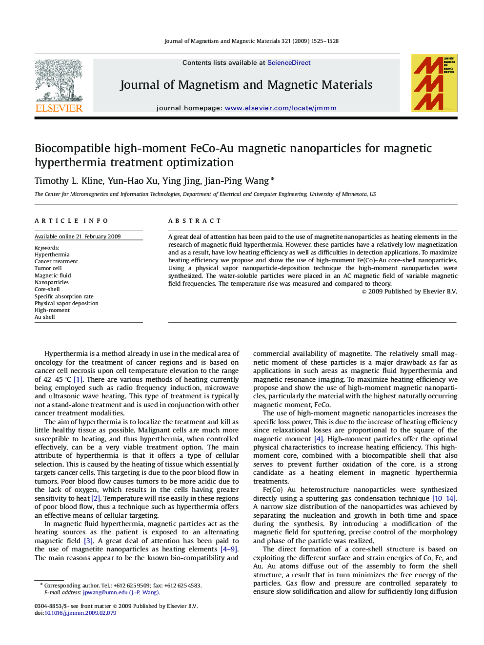 Biocompatible high-moment FeCo-Au magnetic nanoparticles for magnetic hyperthermia treatment optimization