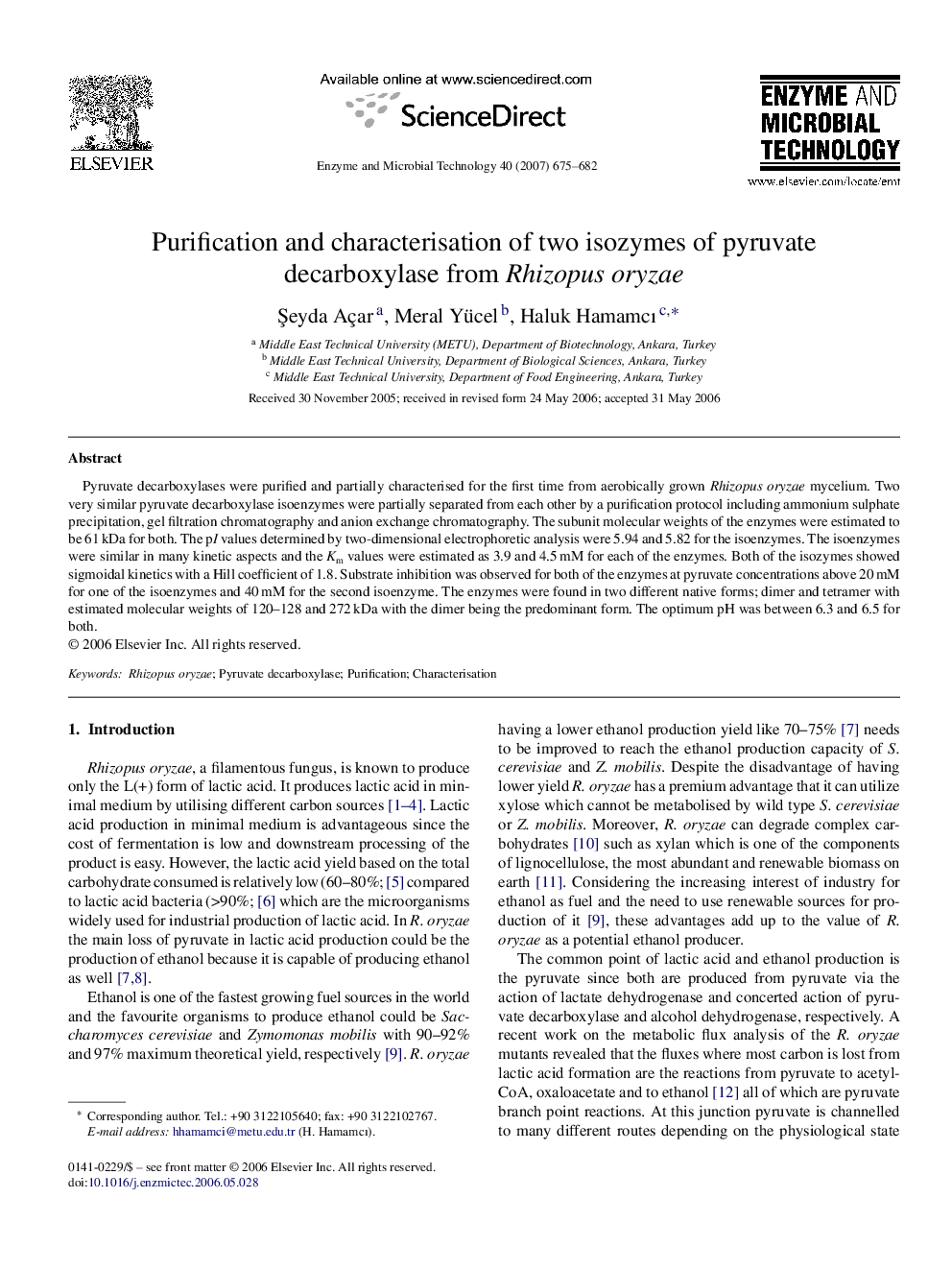 Purification and characterisation of two isozymes of pyruvate decarboxylase from Rhizopus oryzae