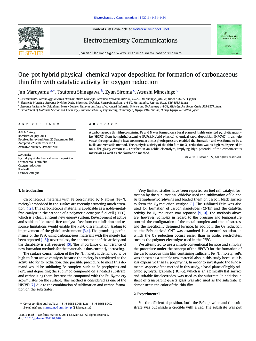 One-pot hybrid physical–chemical vapor deposition for formation of carbonaceous thin film with catalytic activity for oxygen reduction