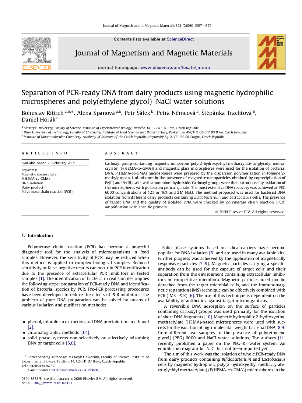 Separation of PCR-ready DNA from dairy products using magnetic hydrophilic microspheres and poly(ethylene glycol)–NaCl water solutions