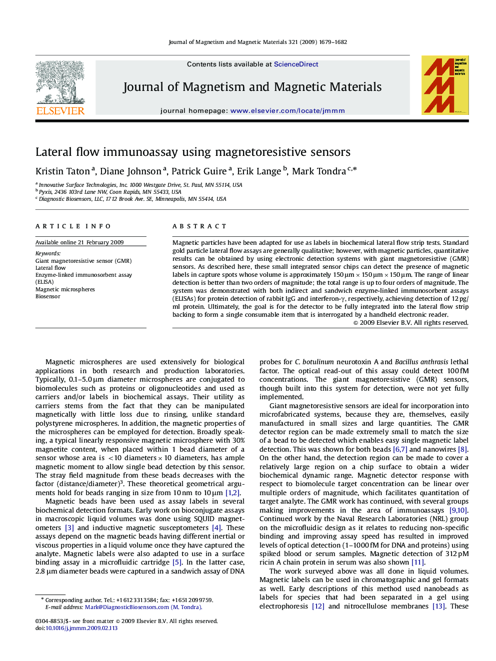 Lateral flow immunoassay using magnetoresistive sensors