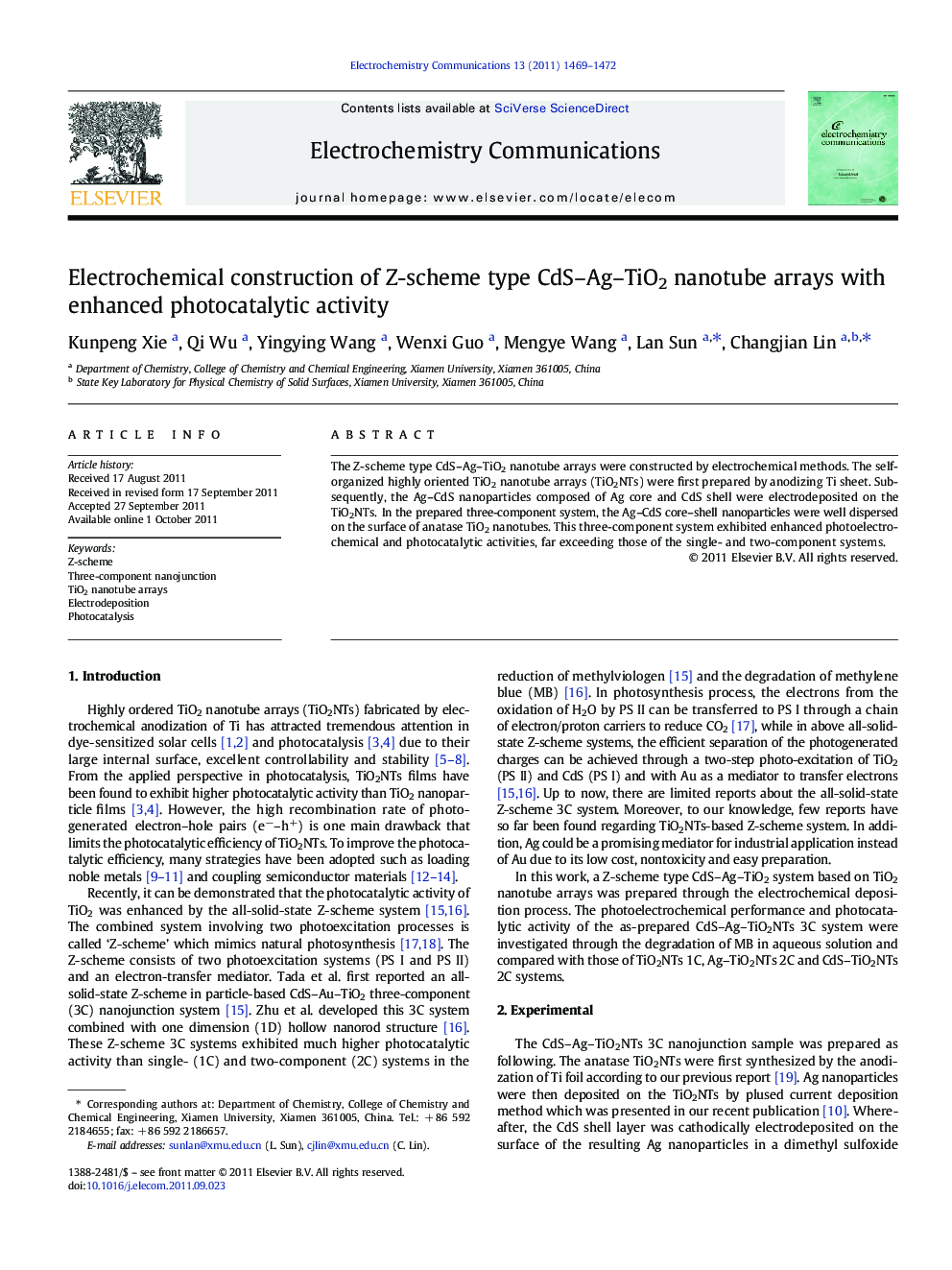 Electrochemical construction of Z-scheme type CdS–Ag–TiO2 nanotube arrays with enhanced photocatalytic activity